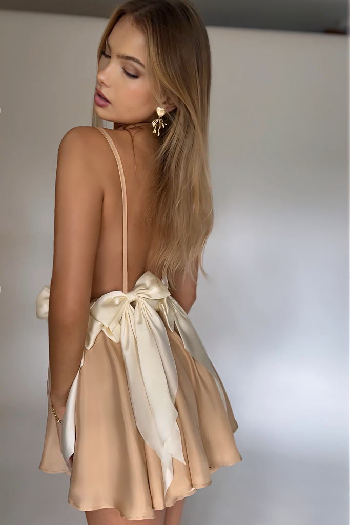 BRIANNA MINI DRESS - CHAMPAGNE SILK & CREAM BOWS