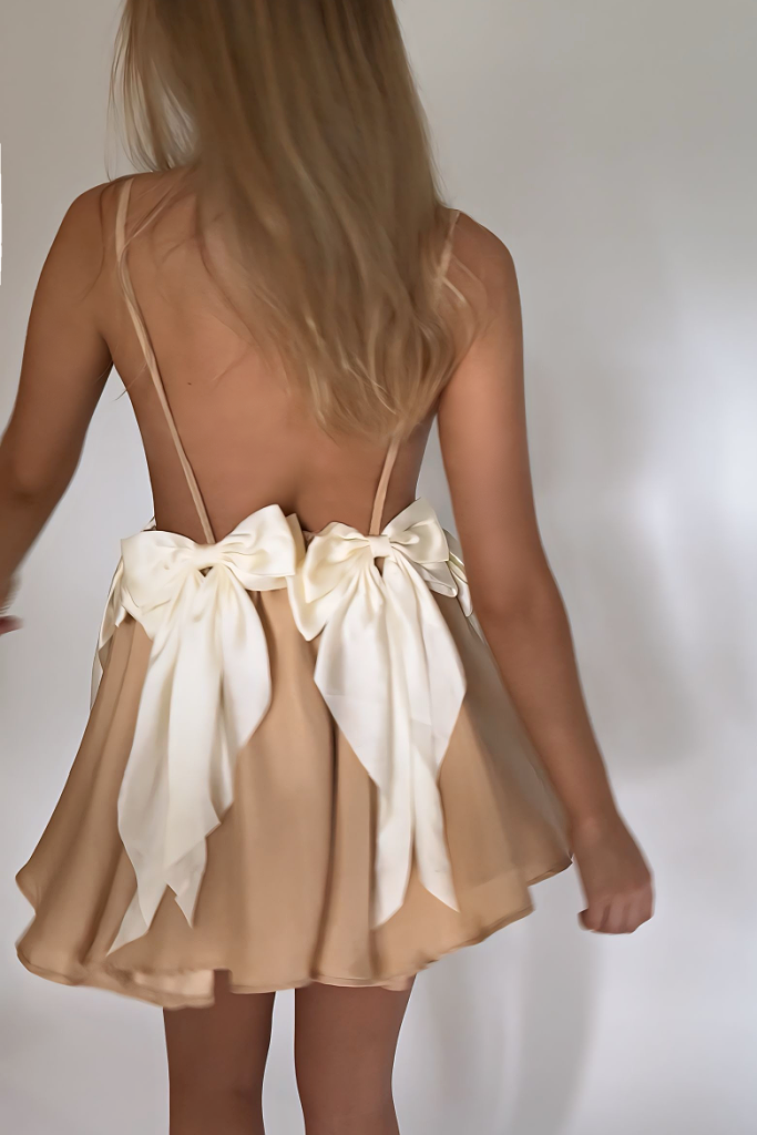 BRIANNA MINI DRESS - CHAMPAGNE SILK & CREAM BOWS