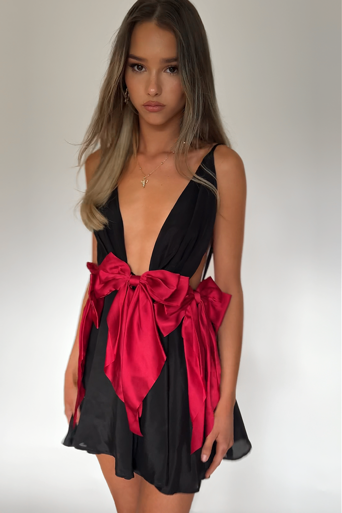 BRIANNA MINI DRESS - NIGHT NYMPH SILK & ROUGE BOWS