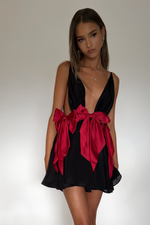 BRIANNA MINI DRESS - NIGHT NYMPH SILK & ROUGE BOWS