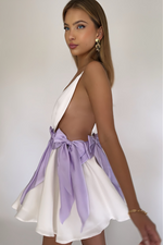 BRIANNA MINI DRESS - PEARL SILK & LAVENDER BOWS