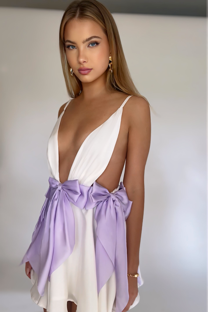 BRIANNA MINI DRESS - PEARL SILK & LAVENDER BOWS