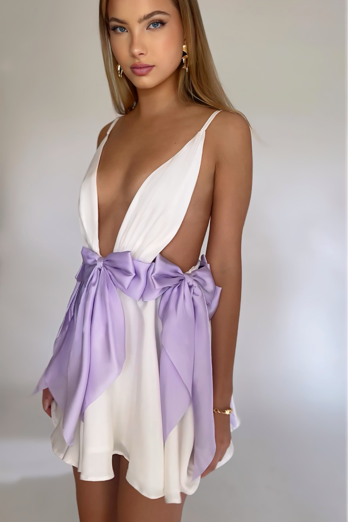 BRIANNA MINI DRESS - PEARL SILK & LAVENDER BOWS