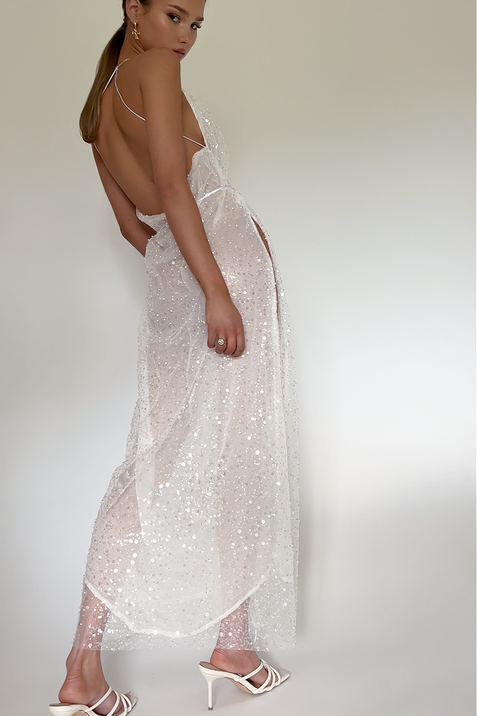 GAIA GOWN - EMBELLISHED PEARL TULLE & SHEER PEARL SILK