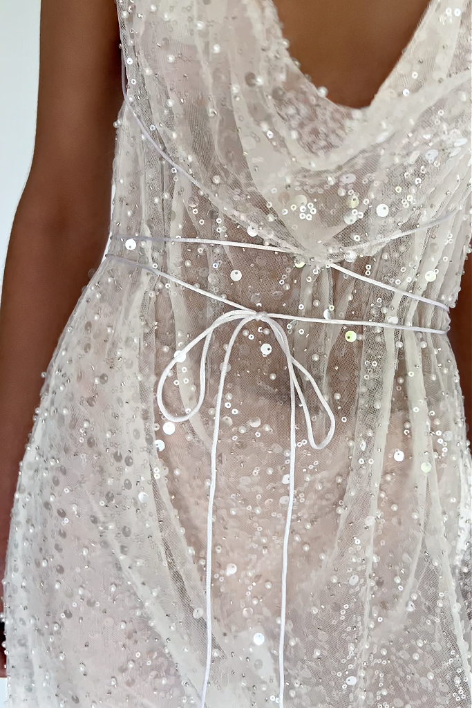 GAIA GOWN - EMBELLISHED PEARL TULLE & SHEER PEARL SILK