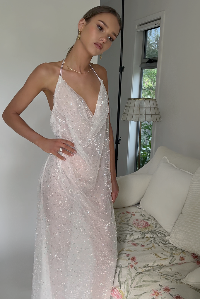 GAIA GOWN - EMBELLISHED PEARL TULLE & SHEER PEARL SILK