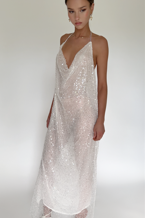 GAIA GOWN - EMBELLISHED PEARL TULLE & SHEER PEARL SILK