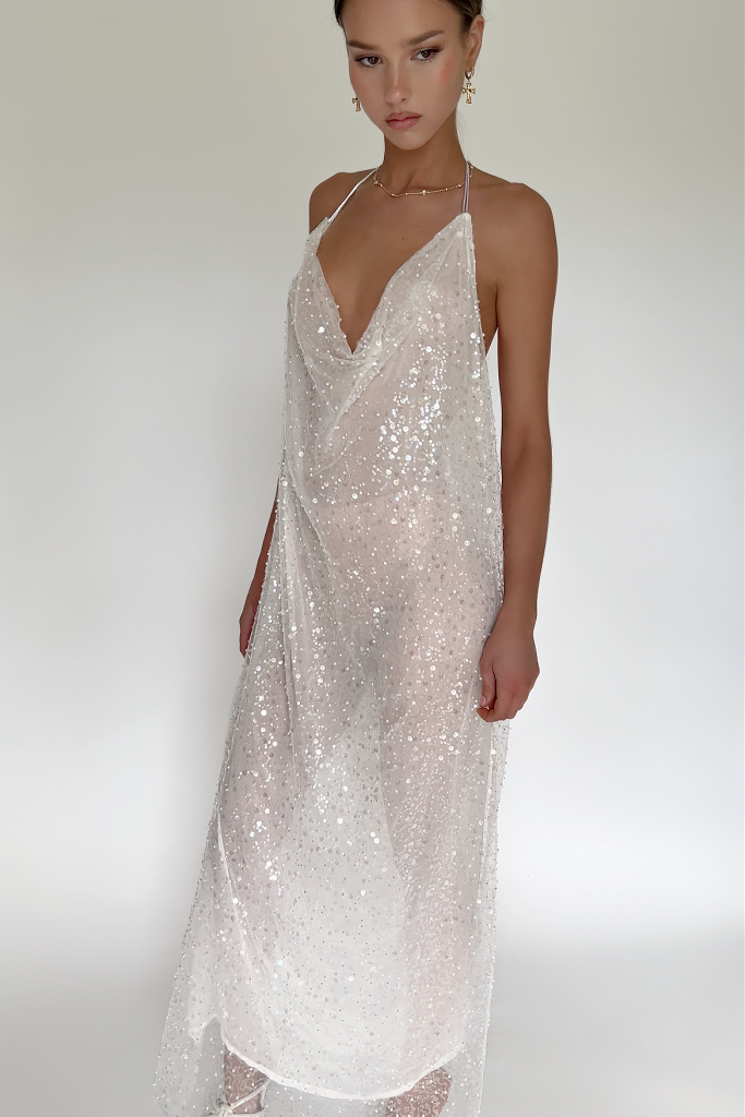 GAIA GOWN - EMBELLISHED PEARL TULLE & SHEER PEARL SILK