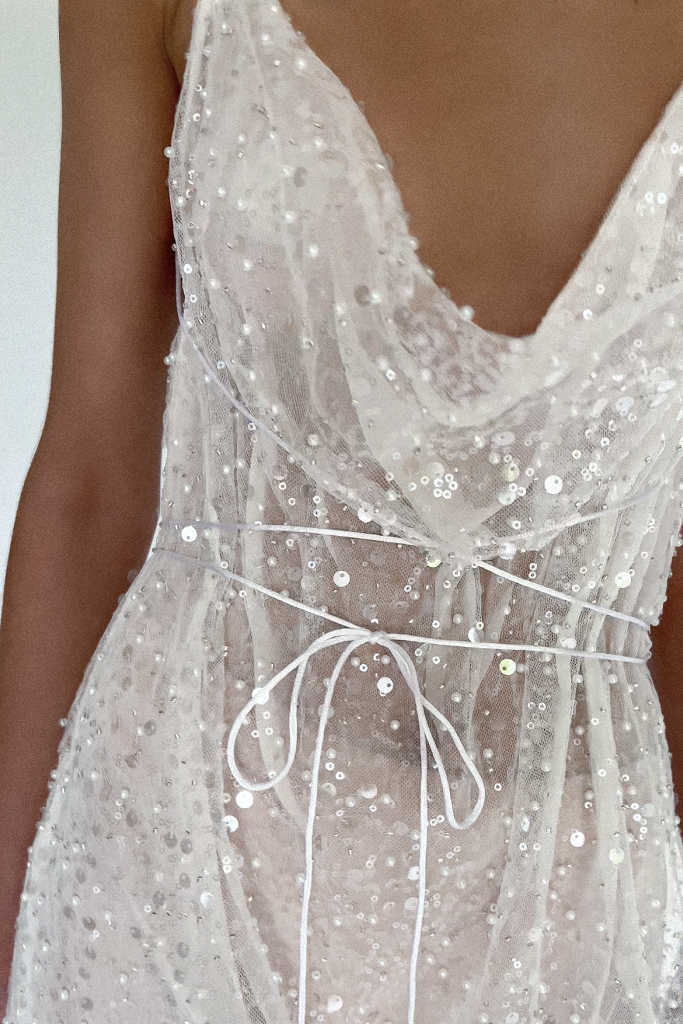 GAIA GOWN - EMBELLISHED PEARL TULLE & SHEER PEARL SILK