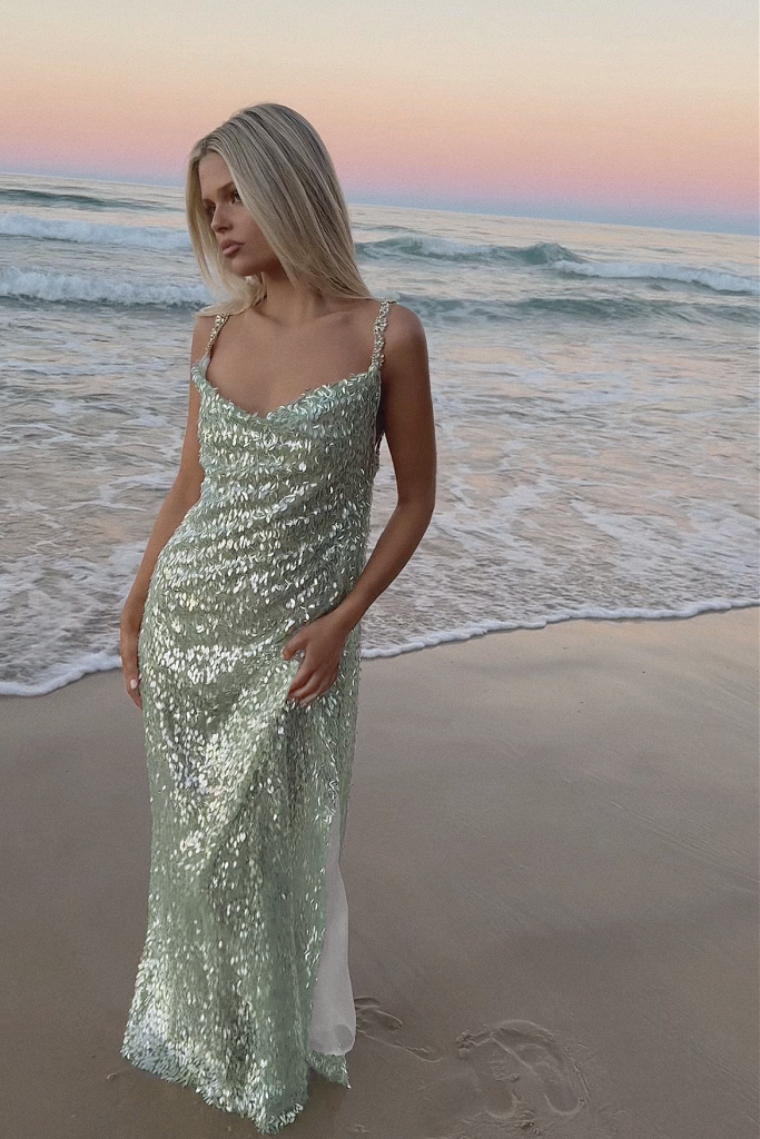 LONDON GOWN - GREEN GLACIER TULLE & PEARL SILK SHEER LINING