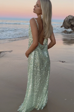 LONDON GOWN - GREEN GLACIER TULLE & PEARL SILK SHEER LINING