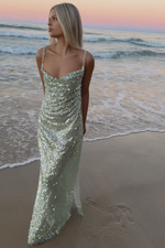 LONDON GOWN - GREEN GLACIER TULLE & PEARL SILK SHEER LINING