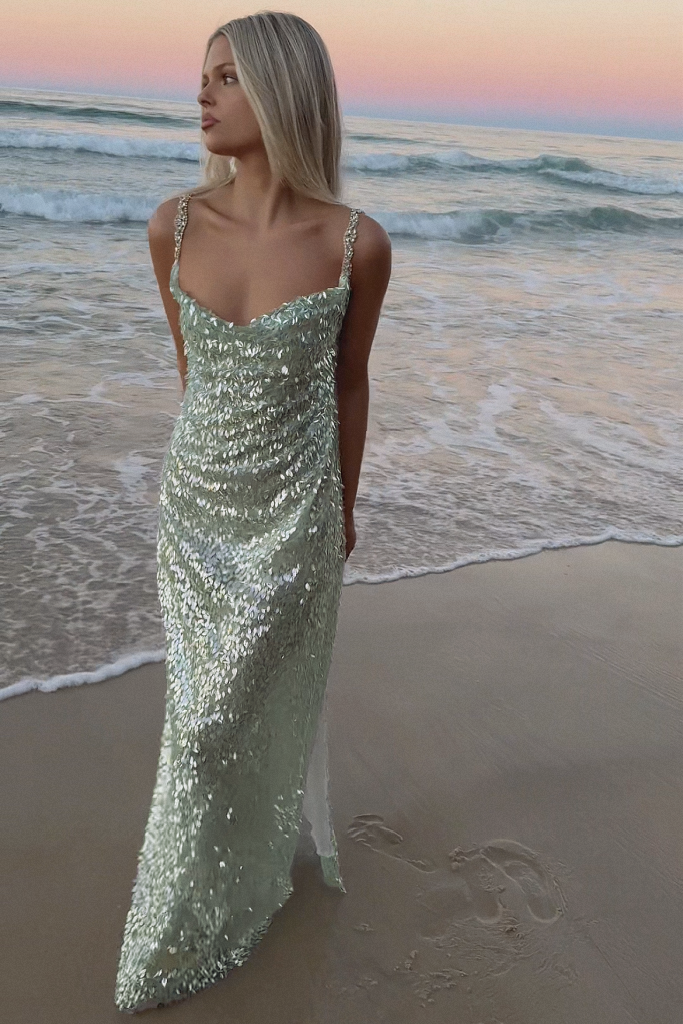 LONDON GOWN - GREEN GLACIER TULLE & PEARL SILK SHEER LINING