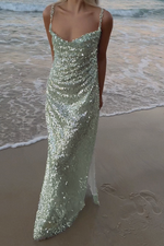 LONDON GOWN - GREEN GLACIER TULLE & PEARL SILK SHEER LINING
