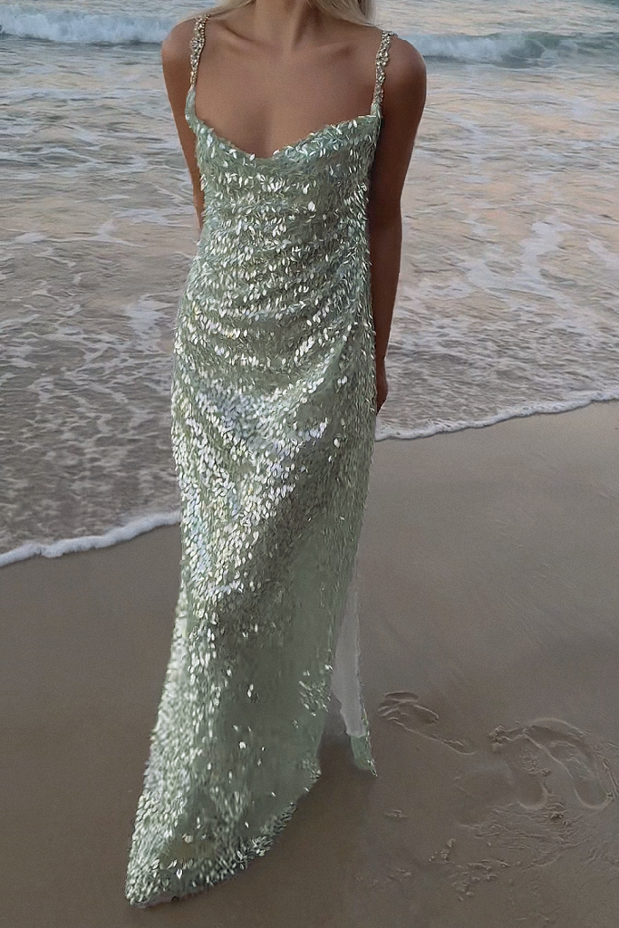 LONDON GOWN - GREEN GLACIER TULLE & PEARL SILK SHEER LINING
