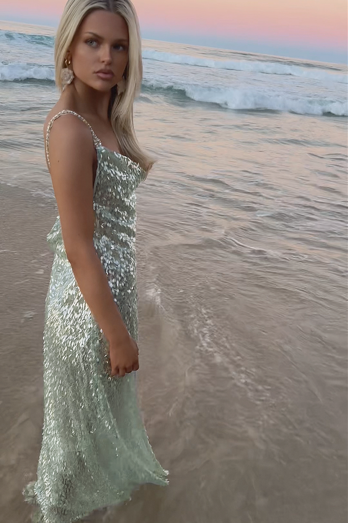 LONDON GOWN - GREEN GLACIER TULLE & PEARL SILK SHEER LINING