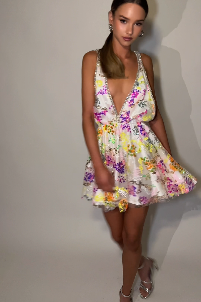 TAYLOR MINI DRESS - IBIZA BARBIE & PEARL SILK