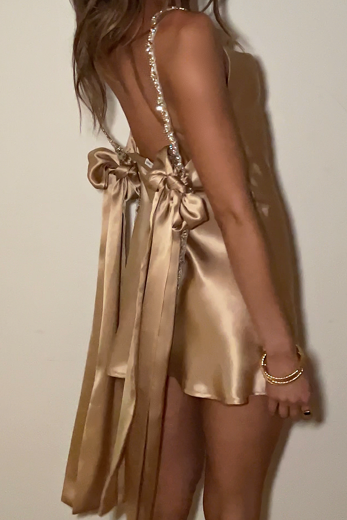 Champagne satin dress short outlet