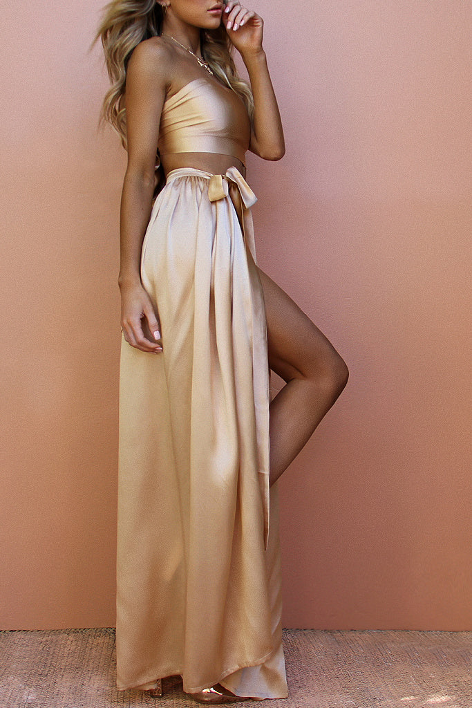 SATIN SILK CHAMPAGNE - WRAP TWO PIECE GOWN